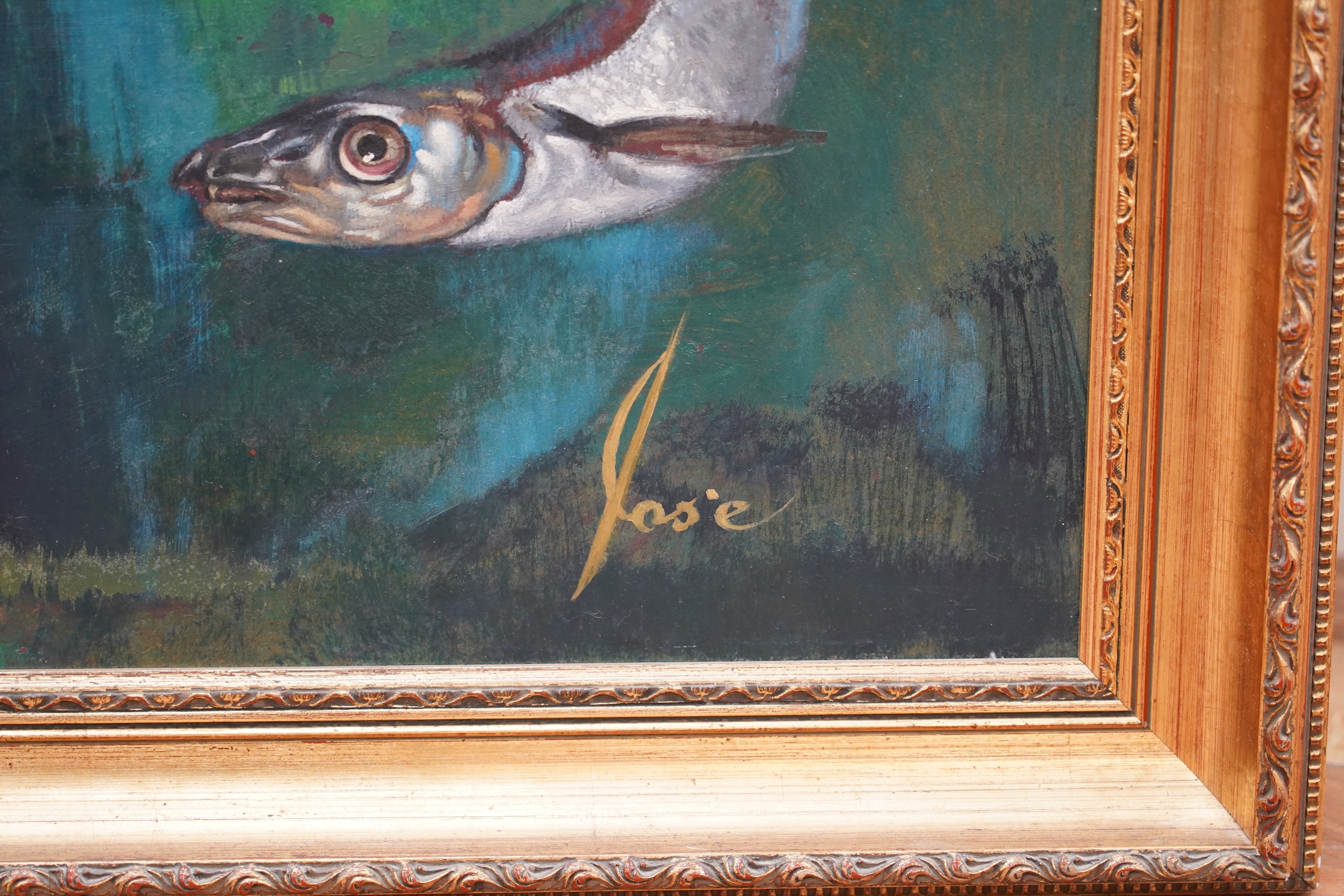 José (Late 20th. C), oil on board, Study of fish, signed, 56 x 87cm, gilt framed. Condition - good